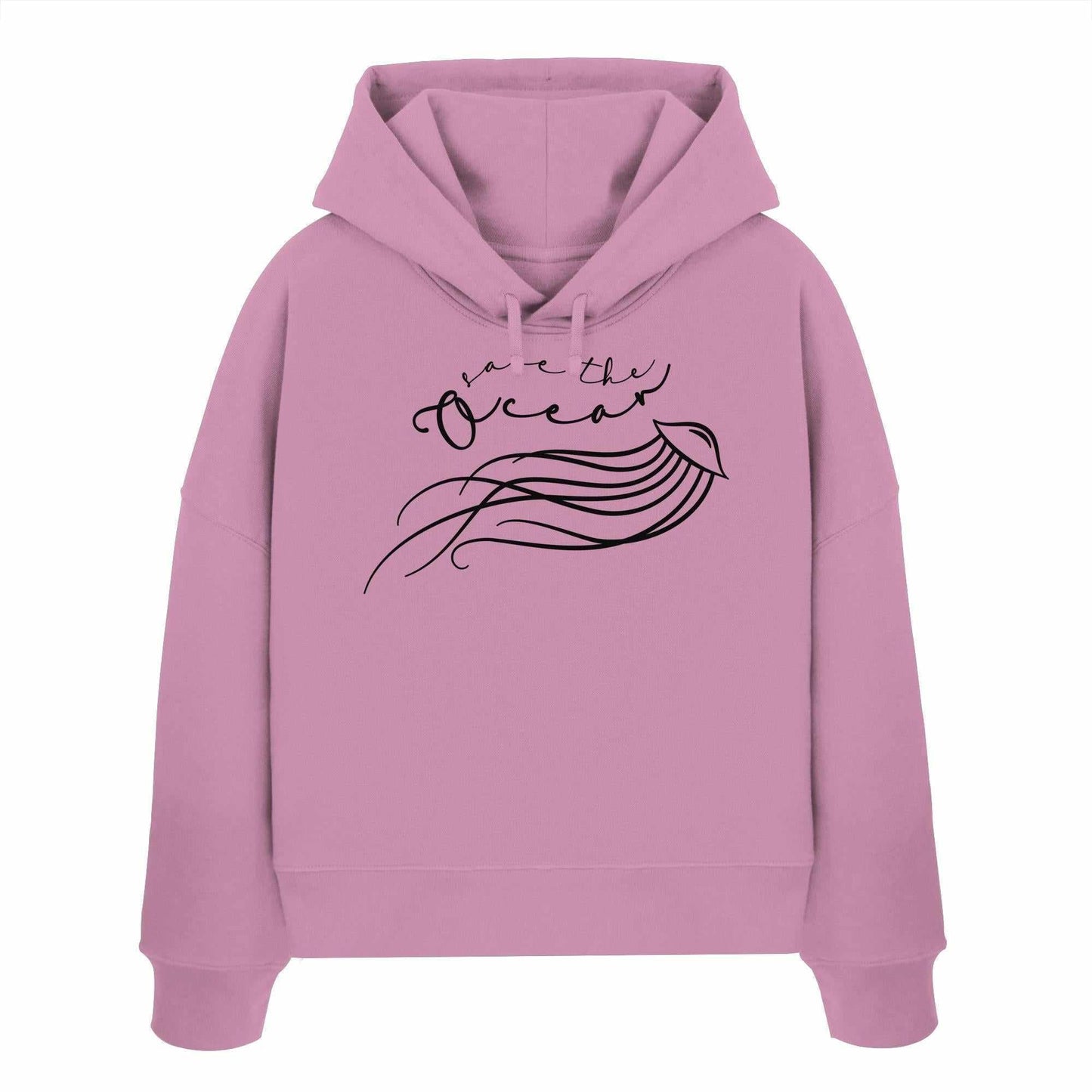 Vegan und Bio Crop Hoodie: Jellyfish - Save the Ocean mit minimalistischem Quallen-Design und Aufschrift Save the Ocean, aus 100% Bio-Baumwolle, doppellagige Kapuze.