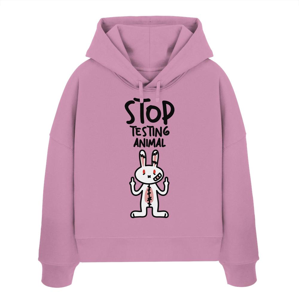 Vegan und Bio Crop Hoodie: Angry Rabbit - Animal Rights mit protestierendem Cartoon-Hasen, der gegen Tierversuche rebelliert. Hergestellt aus 100% Bio-Baumwolle.