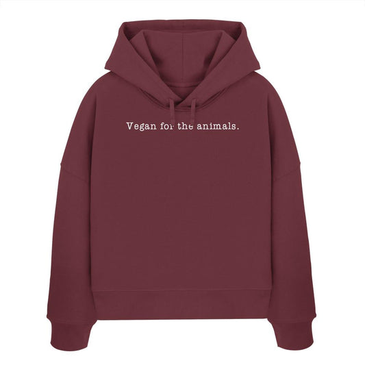 Minimalism Design - Vegan for the animals. - Damen Bio-Boxcut Hoodie, maroon mit weißem Text, doppellagige Kapuze, Bio-Baumwolle, rebellisches Design von RUDE REBEL.