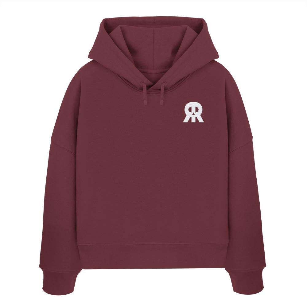 Vegan und Bio Crop Hoodie bestickt: RUDE REBEL Skull, marooner Hoodie mit kleiner weißer Logo-Stickerei, doppellagiger Kapuze, aus 100% Bio-Baumwolle, abfallende Schultern, reguläre Passform.