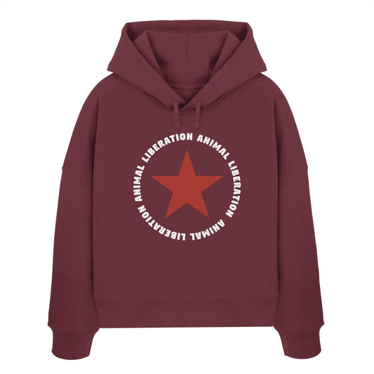 Vegan und Bio Crop Hoodie: Red Star und Animal Liberation, roter Hoodie mit rotem Stern, 100% Bio-Baumwolle, reguläre Passform, doppellagige Kapuze, abfallende Schultern.