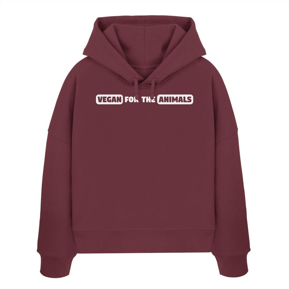 Vegan und Bio Crop Hoodie: VEGAN FOR THE ANIMALS Edition 2, Kapuzenpullover mit weißem Schriftzug, aus 100% Bio-Baumwolle, nachhaltiges Design von RUDE REBEL.
