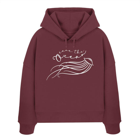 Vegan und Bio Crop Hoodie mit Qualle-Design und Save the Ocean-Aufruf, aus 100% Bio-Baumwolle, doppellagige Kapuze, reguläre Passform.
