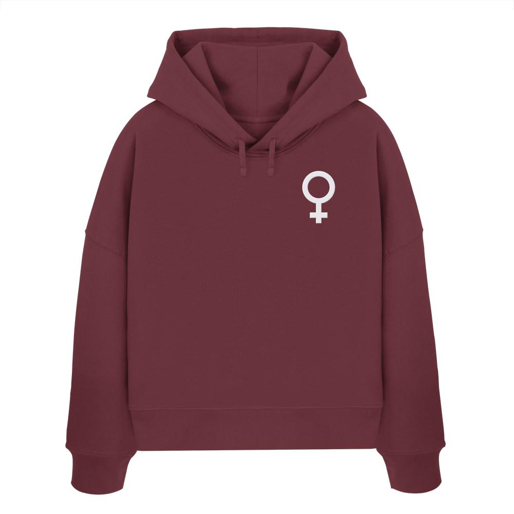 Burgundy Hoodie mit weißem Venus-Symbol auf der Brust, aus 100% Bio-Baumwolle, symbolisiert feministischen Kampf. Vegane, nachhaltige Mode von RUDE REBEL.