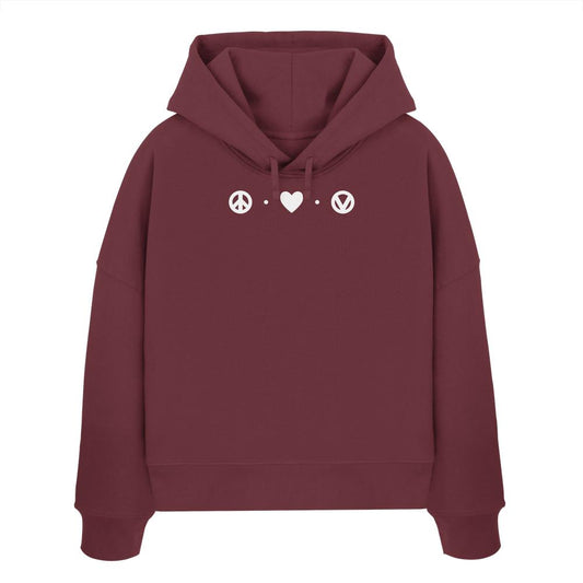 Vegan und Bio Crop Hoodie: Peace - Love - Veganism mit weißen Friedenssymbolen, aus Bio-Baumwolle, doppellagiger Kapuze, Regular Fit, von RUDE REBEL.