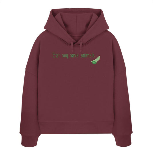 Vegan und Bio Crop Hoodie mit grünem Text und Erbsenpflanzen-Logo, aus 100% Bio-Baumwolle, designed von RUDE REBEL, reflektiert veganen und nachhaltigen Lebensstil.