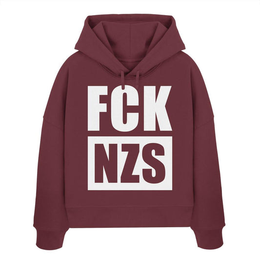 Vegan und Bio Crop Hoodie: FCK NZS, burgunderfarbener Kapuzenpullover mit weißem Slogan, aus 100% Bio-Baumwolle, Regular Fit, doppellagige Kapuze, flache Kordel.