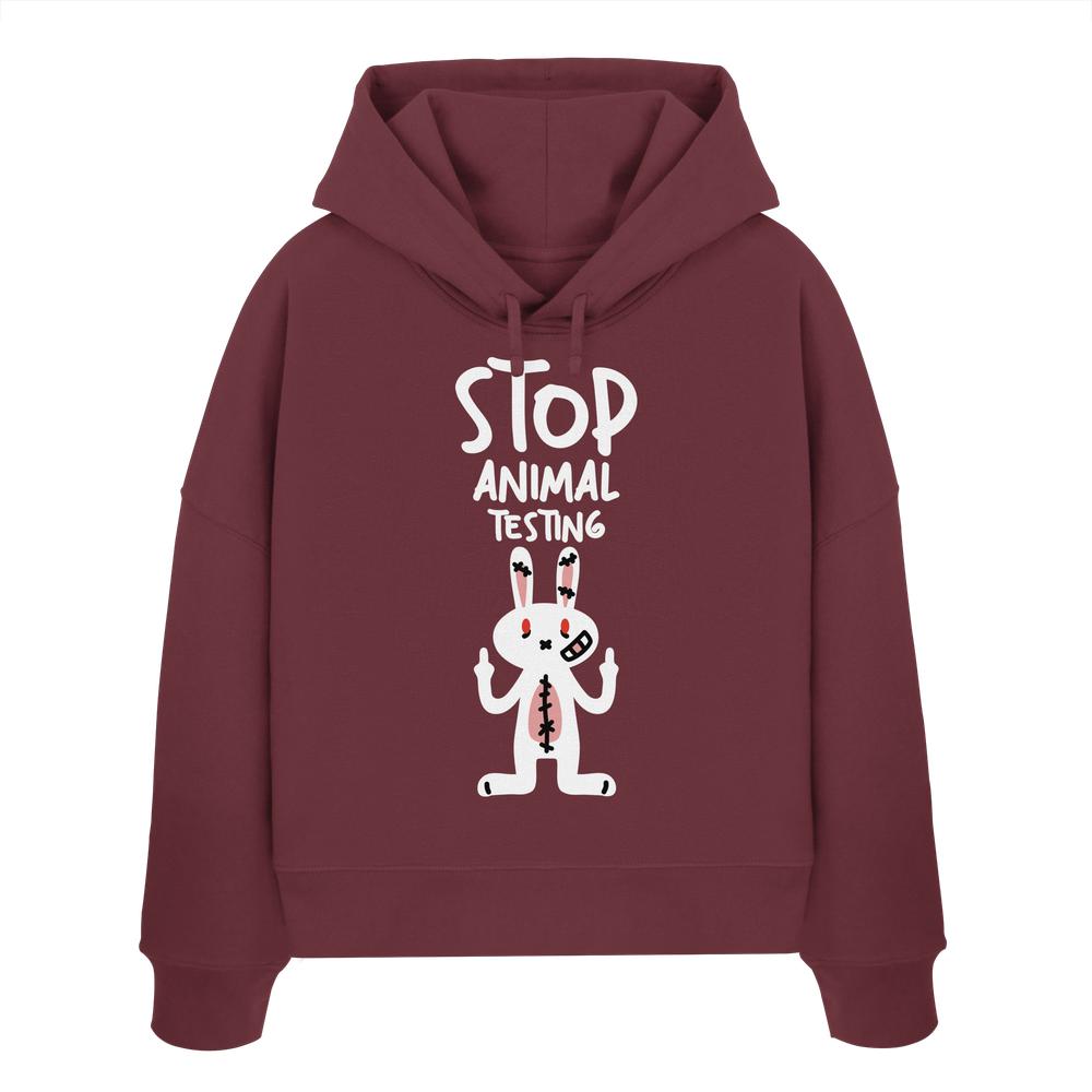 Brombeerfarbener Crop-Hoodie mit Kapuze und Kordelzug, Hasenprint „STOP ANIMAL TESTING“.