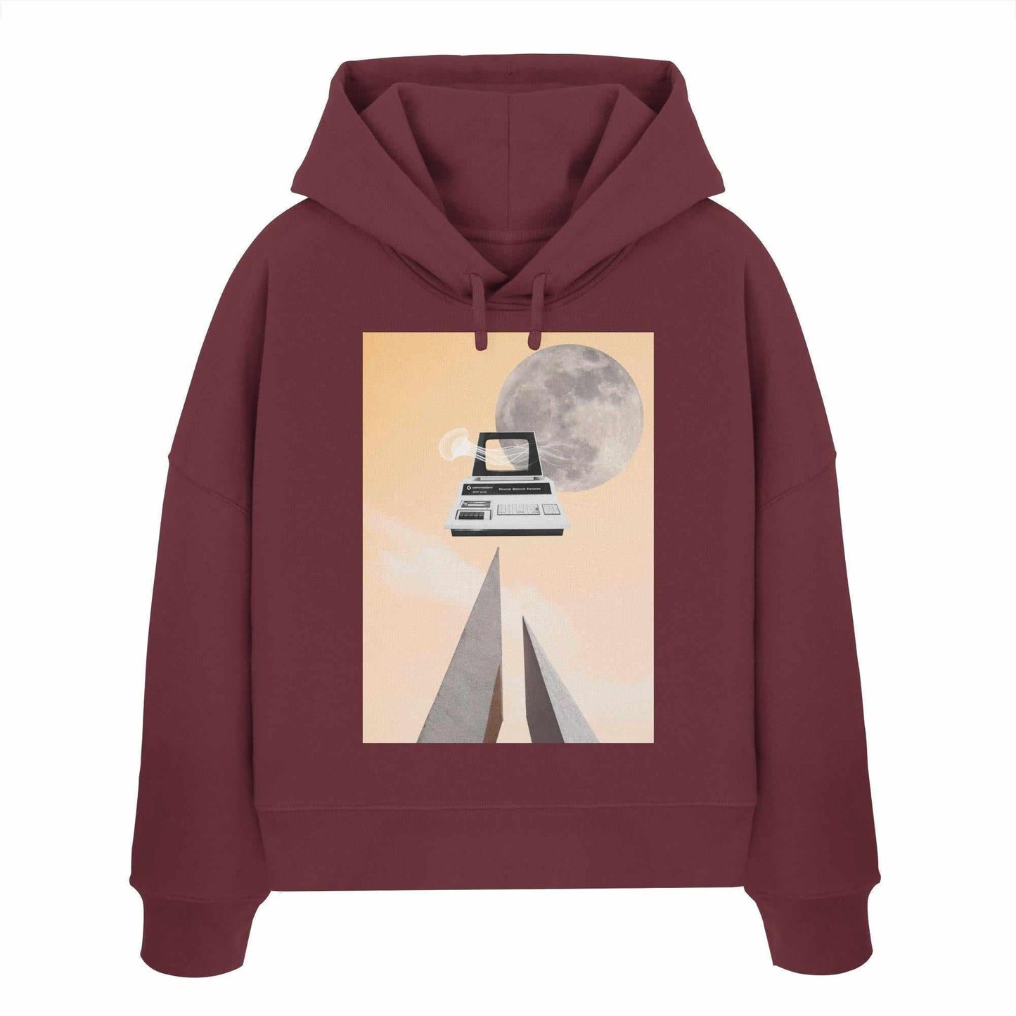 Vegan und Bio Crop Hoodie: Retro Nerd mit Schreibmaschine und Mondmotiv, aus Bio-Baumwolle, symbolisiert Naturverbundenheit und Vergänglichkeit, ideal für Retro-Fans und umweltbewusste Nerds.