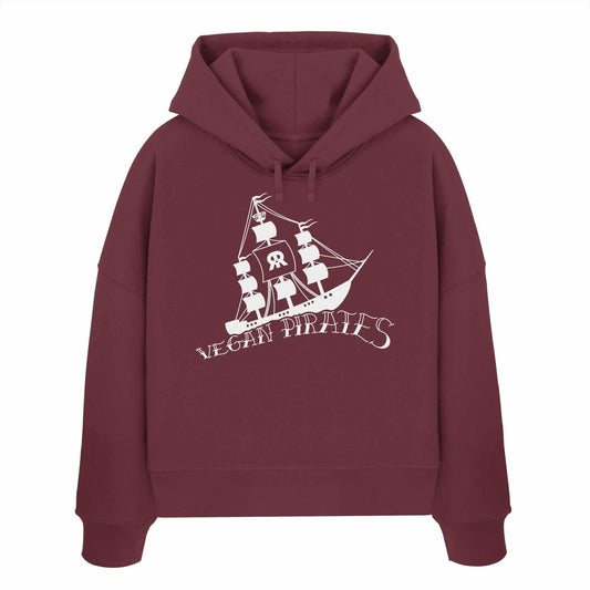 Vegan und Bio Crop Hoodie: Vegan Pirates mit Piratenschiff-Logo, aus 100% Bio-Baumwolle. Doppellagige Kapuze, reguläre Passform, abfallende Schultern.