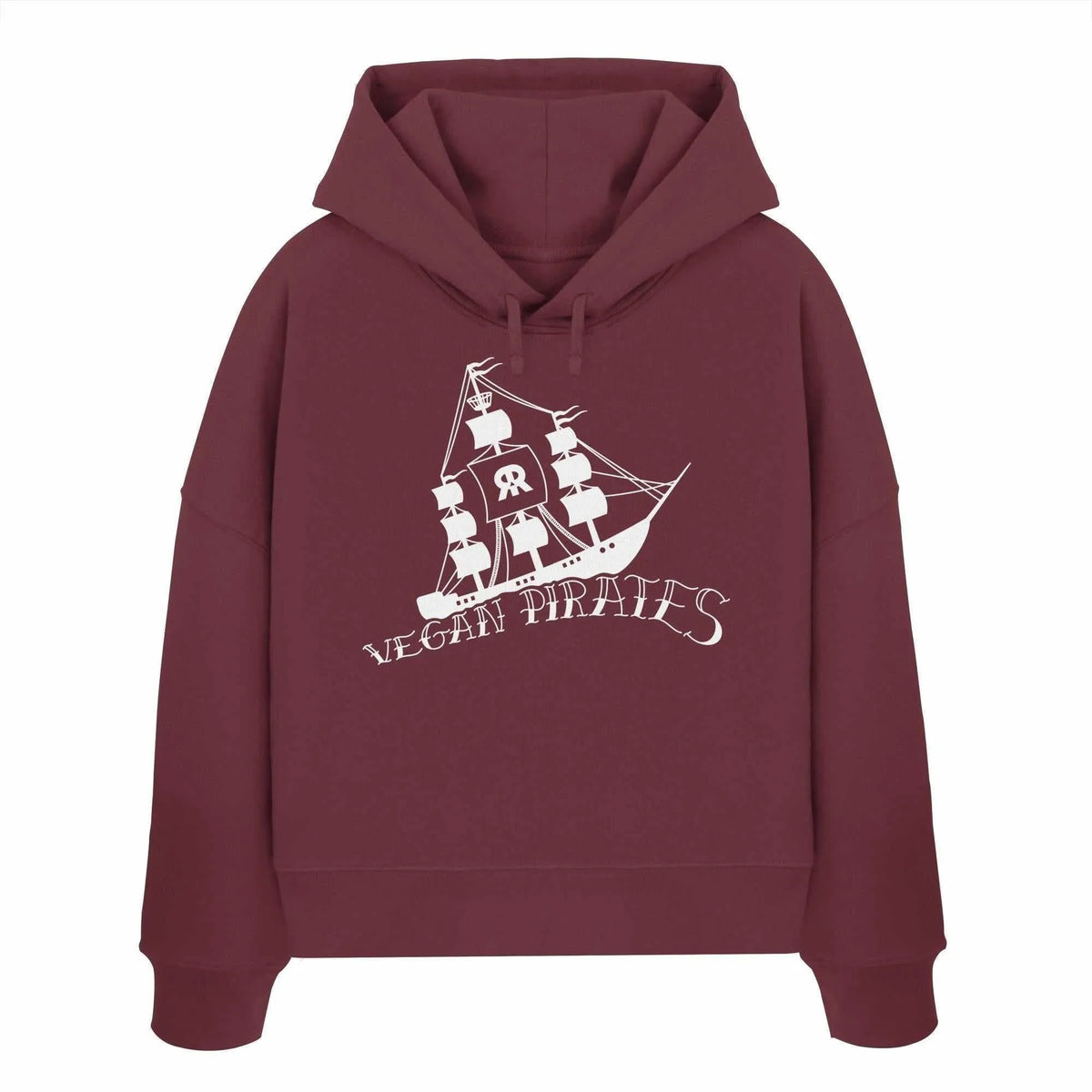 Veganes Bio-Crop-Hoodie mit Kapuze und Kordelzug, Frontprint Piratenschiff, burgunderfarben