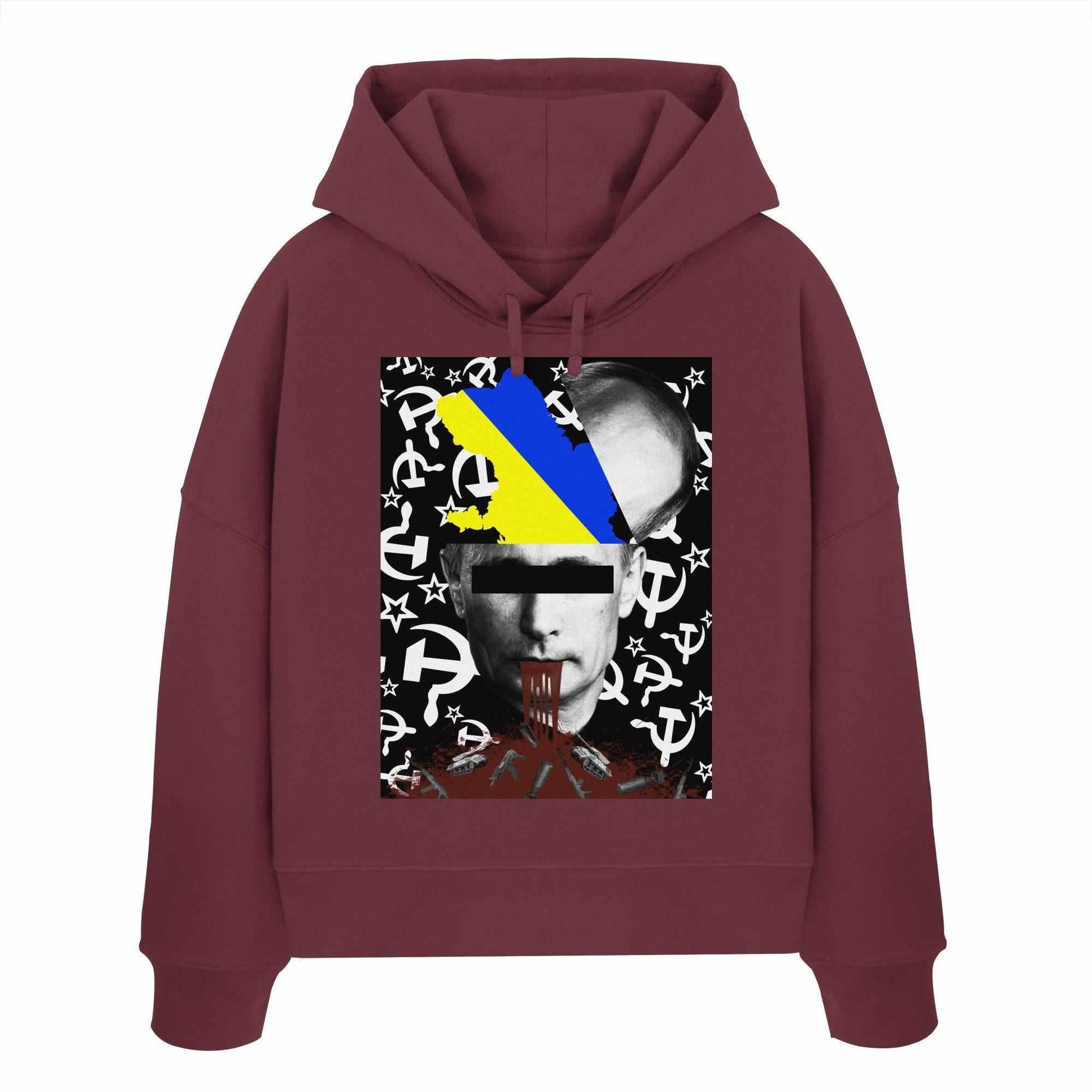 Vegan und Bio Crop Hoodie: STOP WAR IN UKRAINE! mit Bild eines Mannes, der Kriegsopfer symbolisiert. Hergestellt aus 100% Bio-Baumwolle.