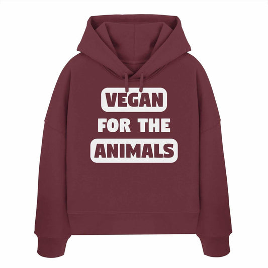 Vegan und Bio Crop Hoodie: VEGAN FOR THE ANIMALS, roter Hoodie mit weißem Text, doppellagige Kapuze, aus 100% Bio-Baumwolle, reguläre Passform, von RUDE REBEL.