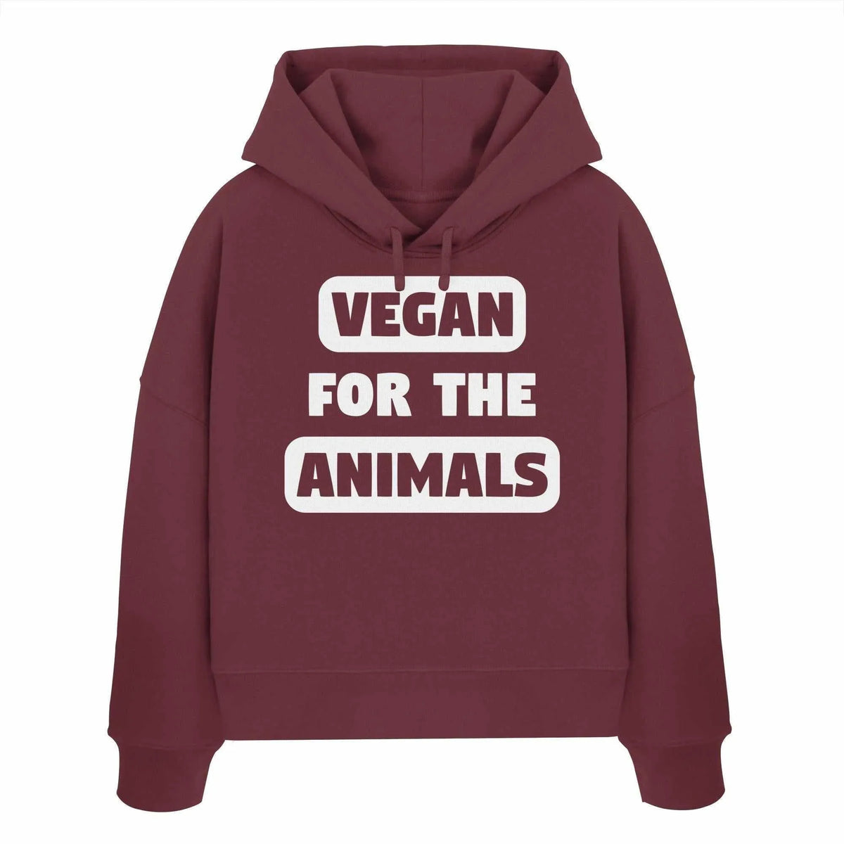 Burgunderfarbener Crop-Hoodie mit Kapuze, Kordelzug und großem „VEGAN FOR THE ANIMALS“-Print