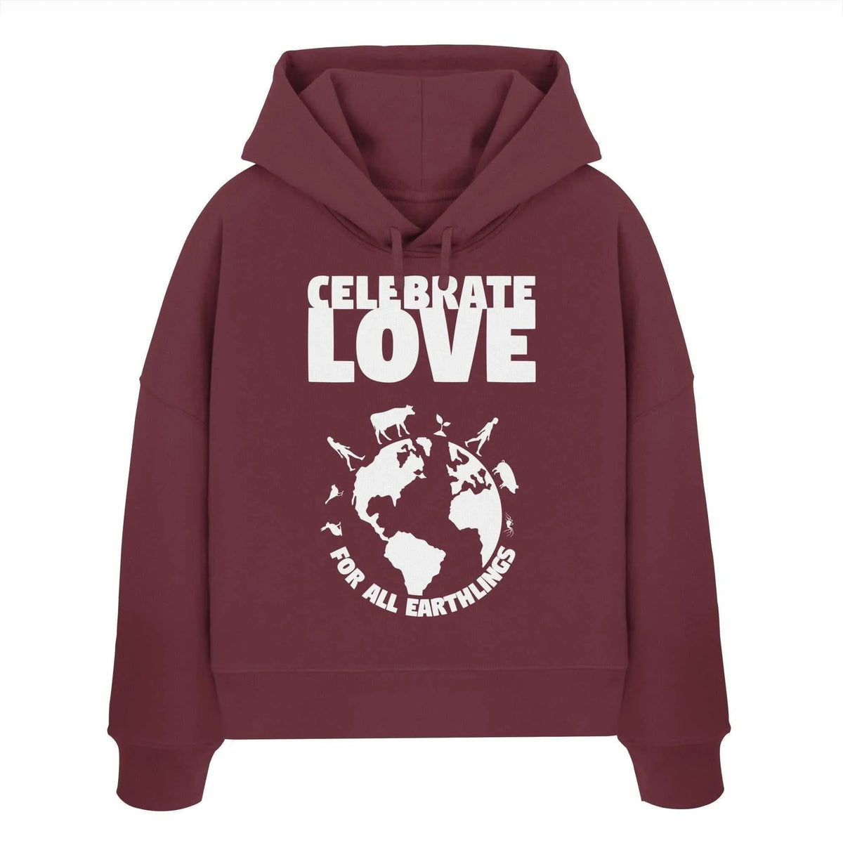 Crop-Hoodie in Burgunderrot mit Kapuze, Kordeln und großem Frontprint „Celebrate Love“.