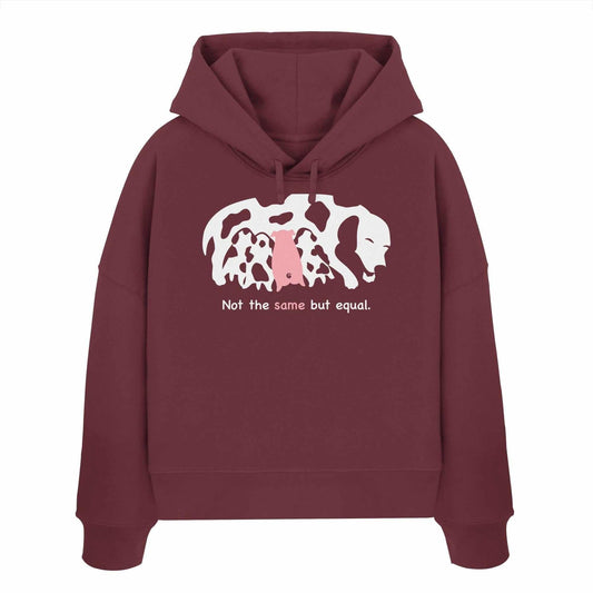 Vegan und Bio Crop Hoodie: Animal equality mit weiß-pinkem Design, zeigt eine Hundemama mit adoptiertem Ferkel, aus 100% Bio-Baumwolle, reguläre Passform.