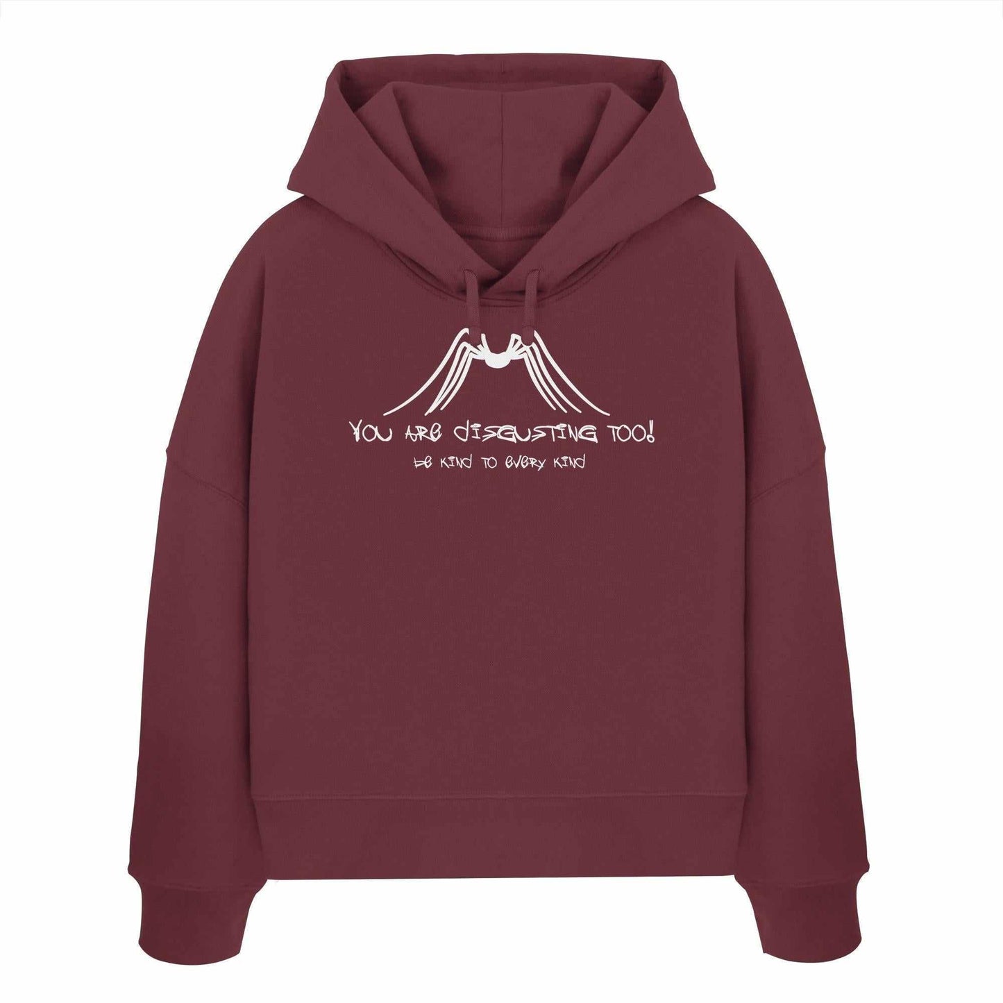 Vegan und Bio Crop Hoodie: Protect Insects, maroon mit weißem Schriftzug, Regular Fit, doppellagige Kapuze, 100% Bio-Baumwolle, betont Tierrechte und Nachhaltigkeit.