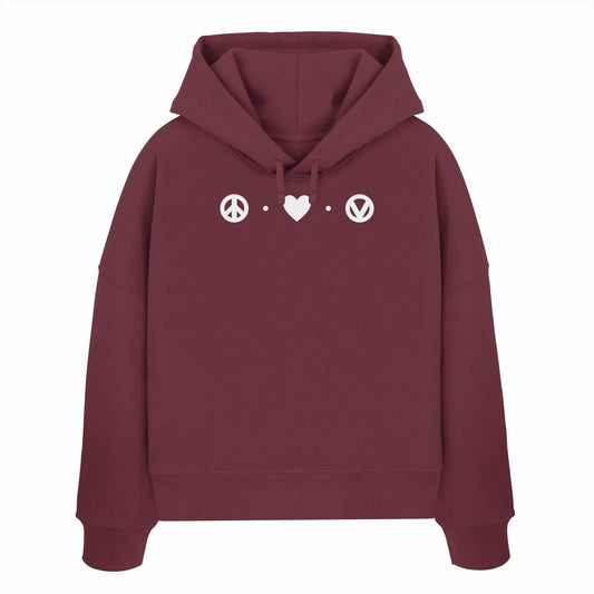 Vegan und Bio Crop Hoodie: Love - Peace - Veganism mit weißem Peace-Symbol und Herz auf der Vorderseite, doppellagige Kapuze, aus 100% Bio-Baumwolle.