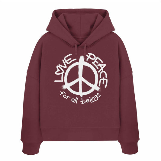 Vegan und Bio Crop Hoodie: LOVE and PEACE for all beings, mit Friedenssymbol auf maroonem Stoff, aus 100% Bio-Baumwolle, Regular Fit, doppellagige Kapuze.