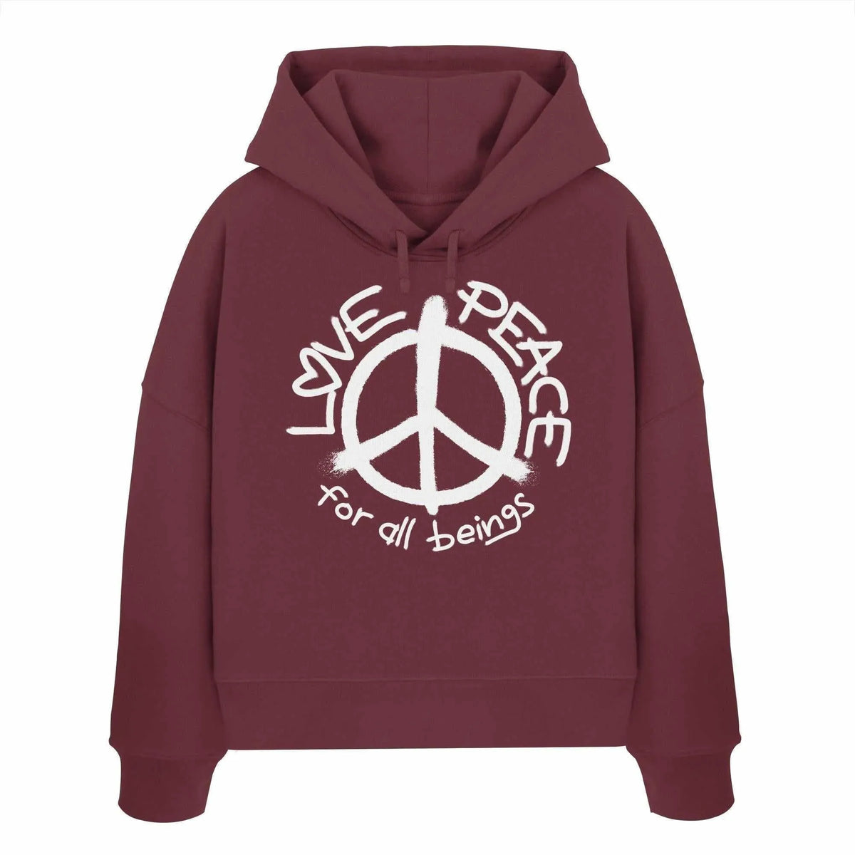 Crop-Hoodie in Burgunder mit Peace-Logo, Kordelzug und großer Frontgrafik