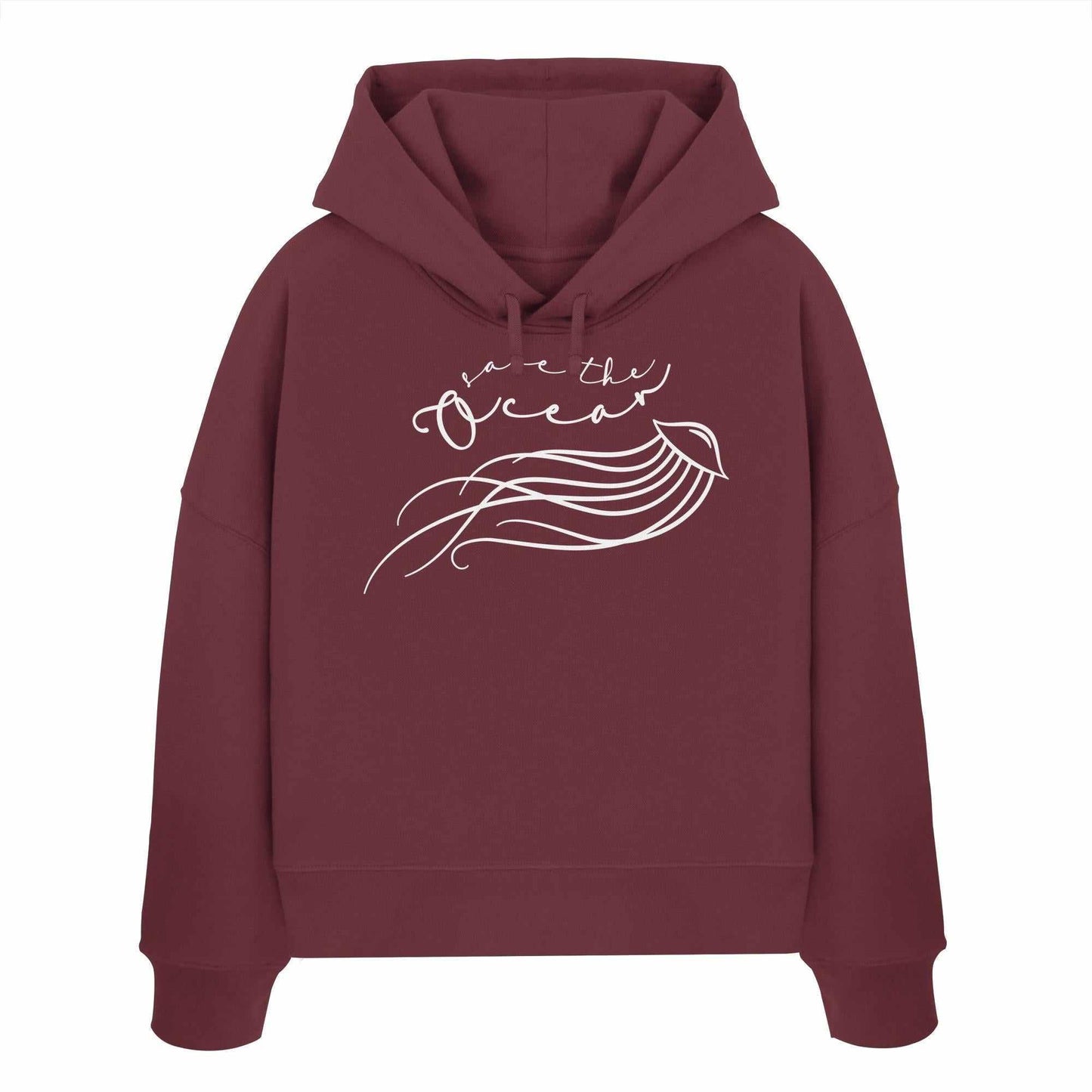 Vegan und Bio Crop Hoodie: Jellyfish - Save the Ocean mit weißem Quallen-Design, nachhaltig aus 100% Bio-Baumwolle, doppellagiger Kapuze, ideal für umweltbewusste Mode.