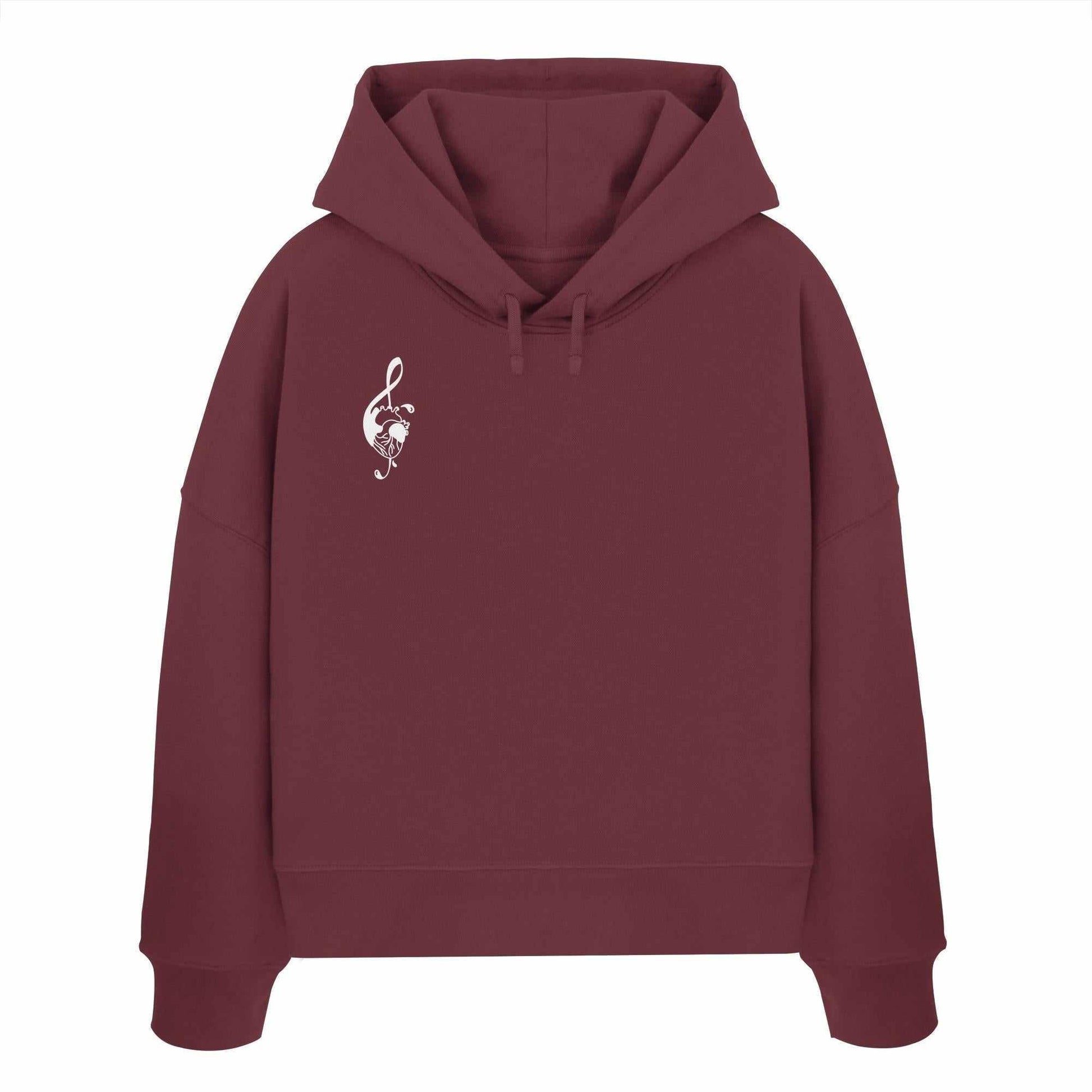 Vegan und Bio Crop Hoodie: Music Heart, maroon mit weißem Herz-Schwert-Logo, doppellagige Kapuze, 100% Bio-Baumwolle, rebellisches Design von RUDE REBEL.