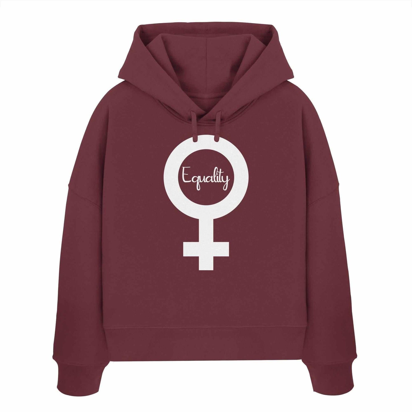 Vegan und Bio Crop Hoodie mit Feminismus-Symbol, doppellagiger Kapuze und flacher Kordel, aus 100% Bio-Baumwolle, Regular Fit, thematisiert Gleichberechtigung.