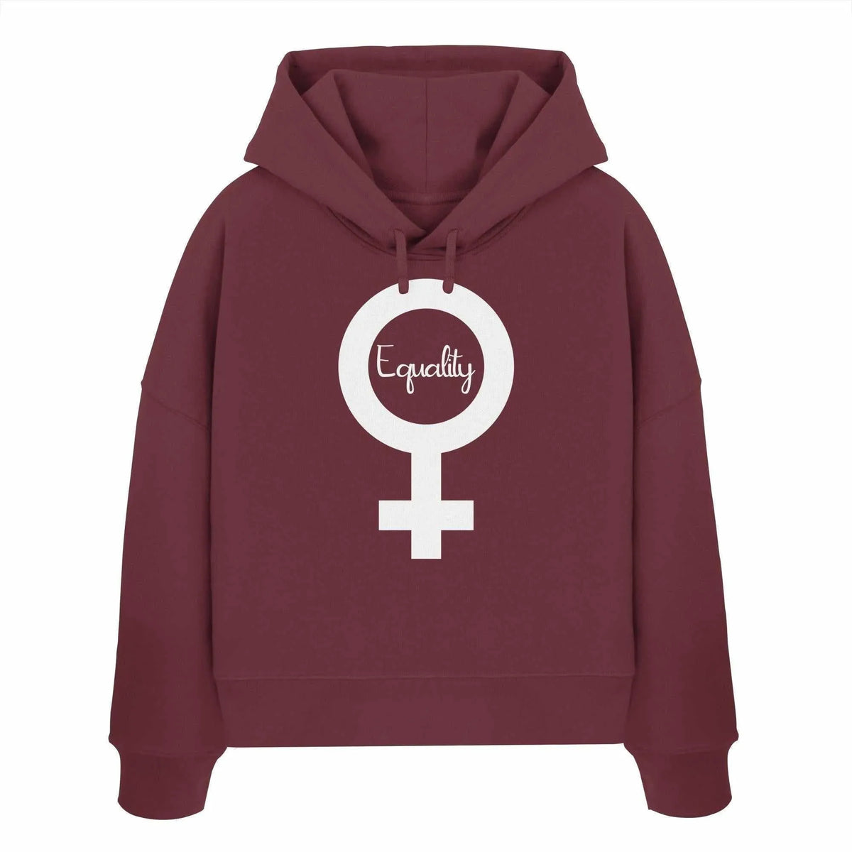 Crop-Hoodie in Burgunderrot mit Kapuze und Kordel; großer Equality-Symbol-Druck vorn