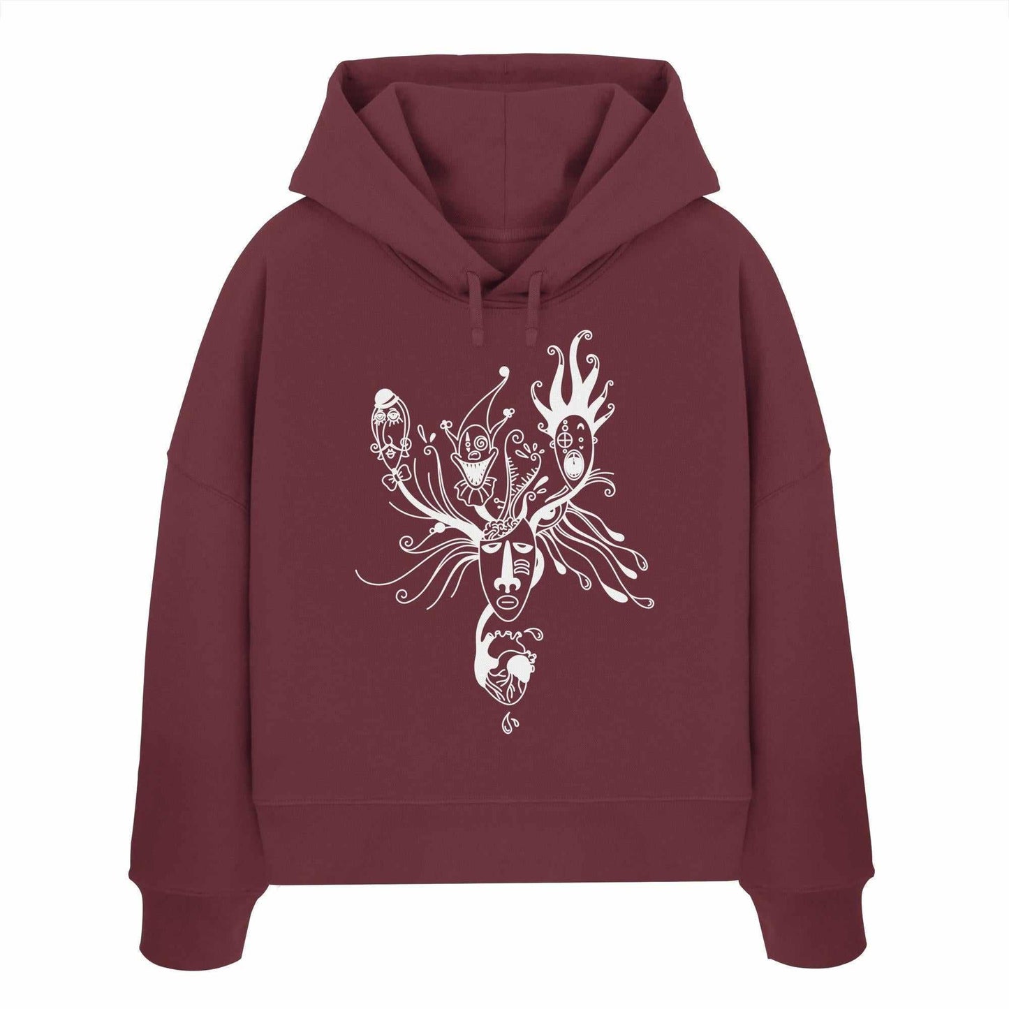 Vegan und Bio Crop Hoodie: Mental Health - Behind the Mask. Maroon Hoodie mit weißem Gesichtsmotiv, aus 100% Bio-Baumwolle, doppellagige Kapuze, reguläre Passform.