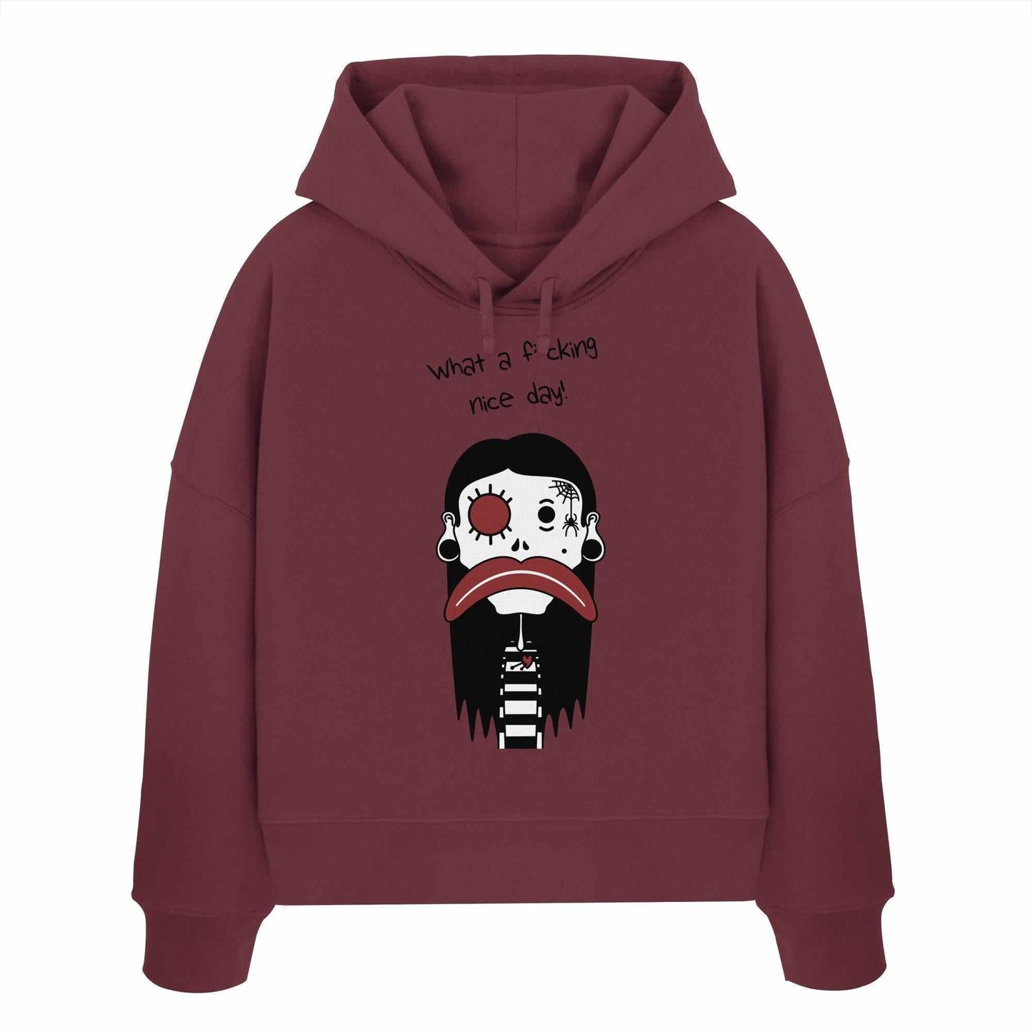 Vegan und Bio Crop Hoodie: Mental health – Bad Day, mit Cartoon-Charakter, aus 100% Bio-Baumwolle, doppellagige Kapuze, rebellisches Design von RUDE REBEL.