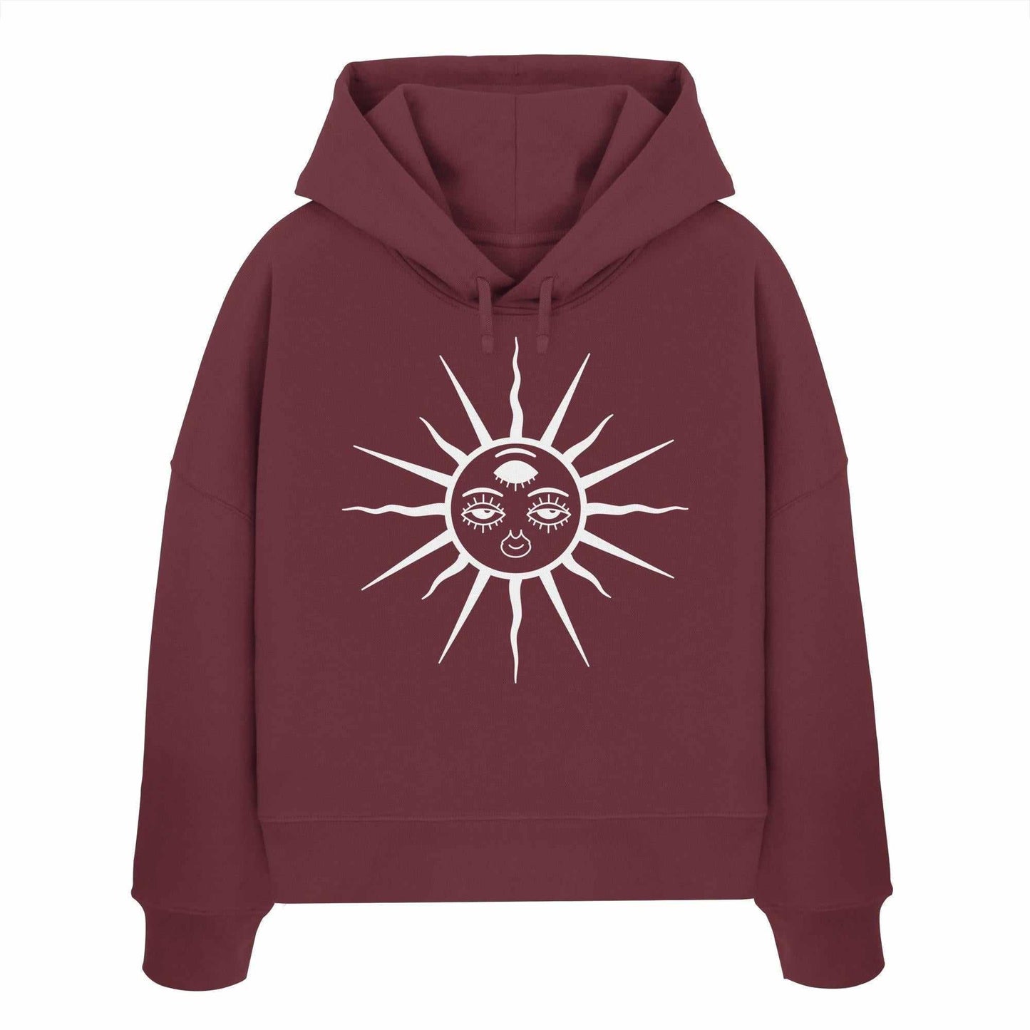 Vegan und Bio Crop Hoodie: The Sun - Third Eye Awakening mit Ethno-Design, doppellagiger Kapuze und bestickten Ösen, ideal für Goa-Raves.