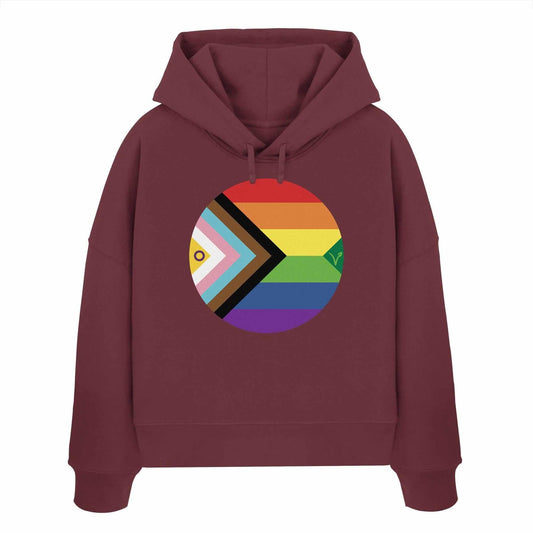 Vegan und Bio Crop Hoodie: LGBTQAI+ Veganismus, zeigt einen Regenbogenkreis mit Fischmotiv auf maroonem Sweatshirt, symbolisiert Freiheit und Tierrechte.