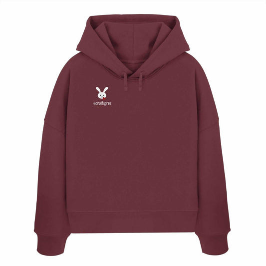 Vegan und Bio Crop Hoodie: Crueltyfree Bunny, maroon mit weißem Hasenmotiv, 100% Bio-Baumwolle, doppellagige Kapuze, reguläre Passform.