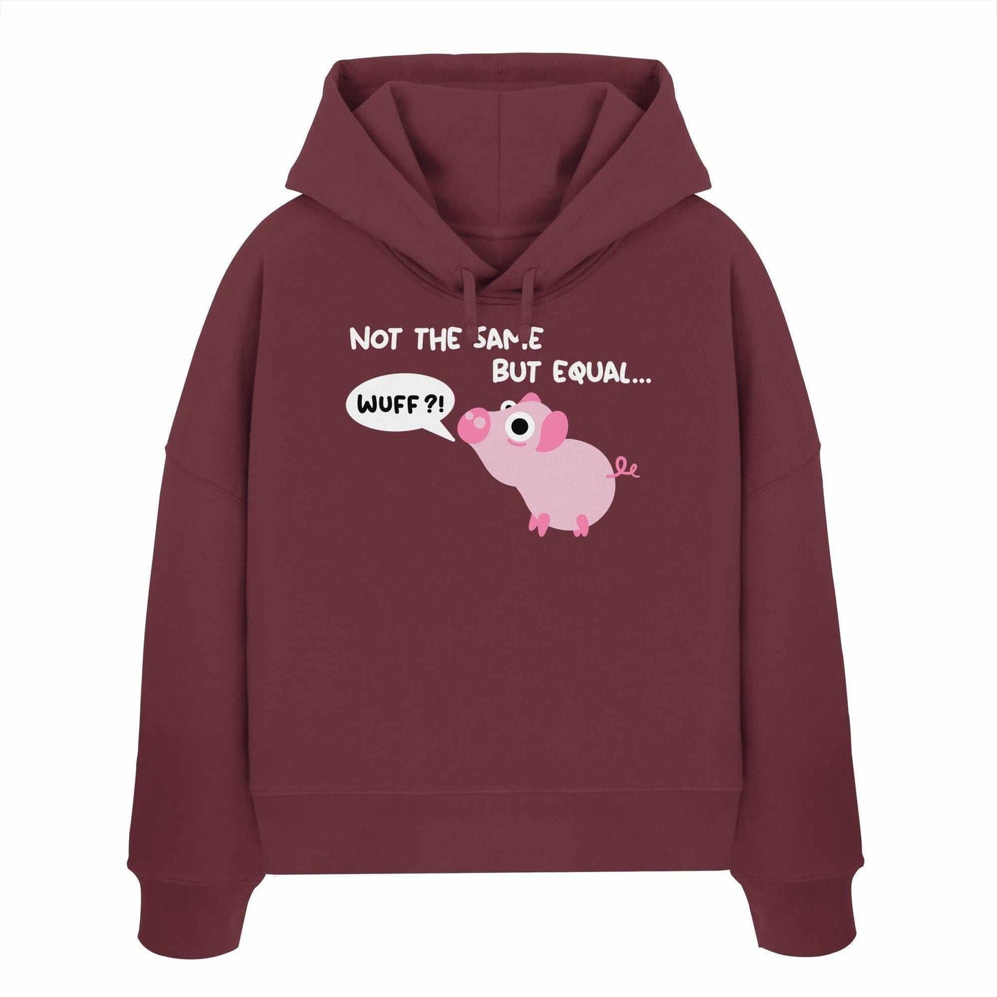 Vegan und Bio Crop Hoodie mit einem Cartoon-Schweinchen und Sprechblase, aus 100% Bio-Baumwolle, rebellisches Design von RUDE REBEL.