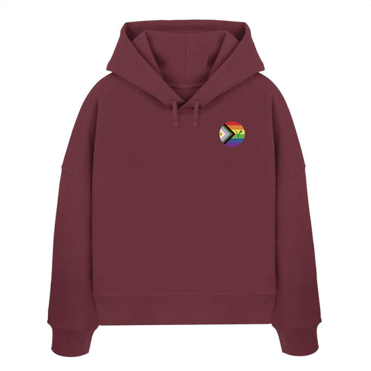Burgunderfarbener Crop-Hoodie mit Kapuze, Kordeln und Regenbogen-Logo auf Brustseite