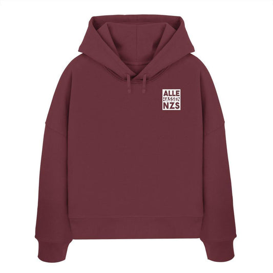 Bordeauxfarbener Crop-Hoodie mit Kapuze, Kordeln und Frontprint „ALLE HASSEN NZS“