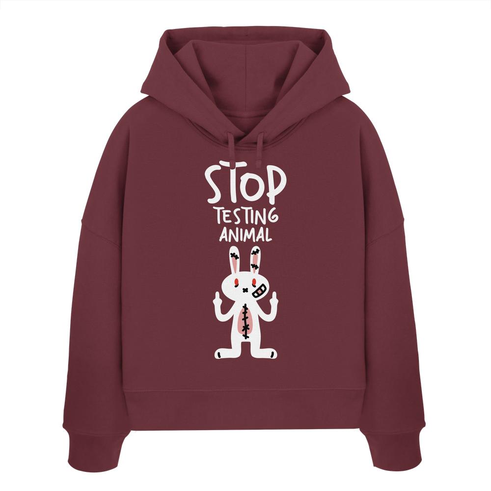 Vegan und Bio Crop Hoodie: Angry Rabbit - Animal Rights mit Cartoon-Hase, der gegen Tierversuche protestiert. Aus 100% Bio-Baumwolle, reguläre Passform, doppellagige Kapuze.