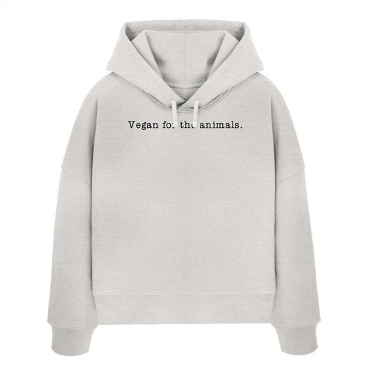 Minimalism Design - Vegan for the animals. - Damen Bio Boxcut Hoodie aus weißer Bio-Baumwolle mit schwarzem Text und doppellagiger Kapuze, abfallende Schultern.