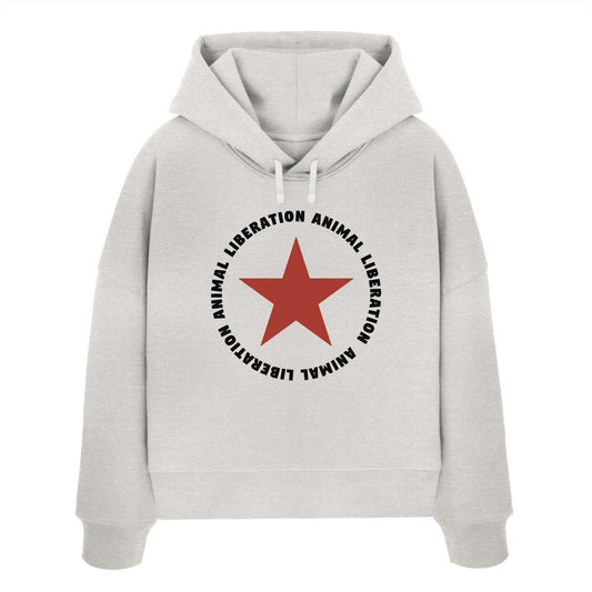 Vegan und Bio Crop Hoodie mit rotem Stern und Animal Liberation-Print, aus 100% Bio-Baumwolle, Regular Fit, doppellagige Kapuze, rebellisches Design von RUDE REBEL.