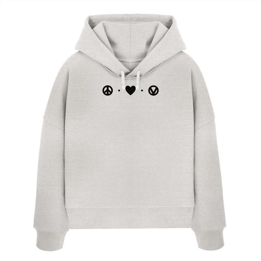 Vegan und Bio Crop Hoodie: Peace - Love - Veganism mit schwarzem Friedenssymbol und Herz, gefertigt aus Bio-Baumwolle, lässiger Schnitt, doppellagige Kapuze.