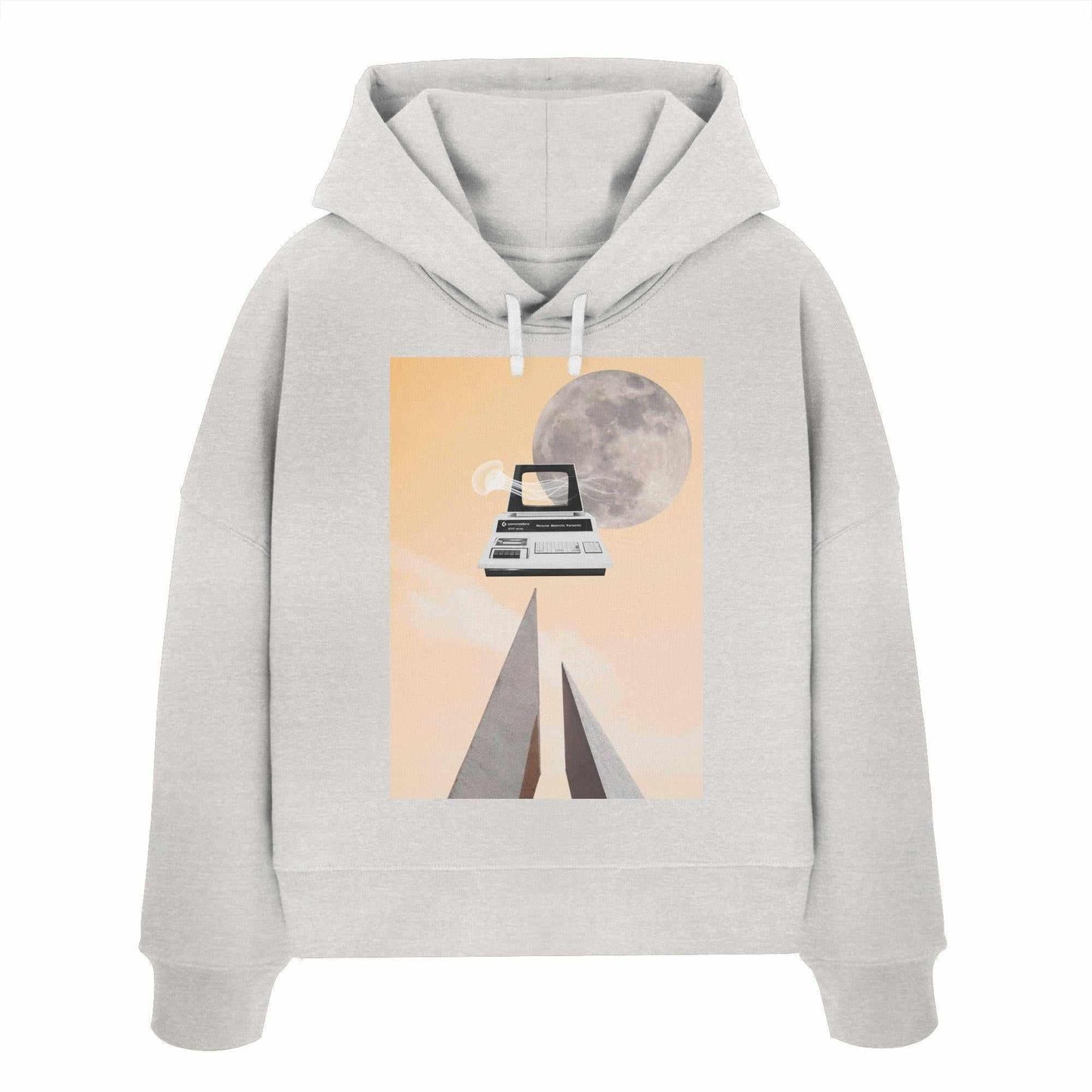 Vegan und Bio Crop Hoodie: Retro Nerd, grauer Hoodie mit Typewriter- und Mondmotiv, perfekt für Retro-Fans. Material: 100% Bio-Baumwolle, Regular Fit, abfallende Schultern.