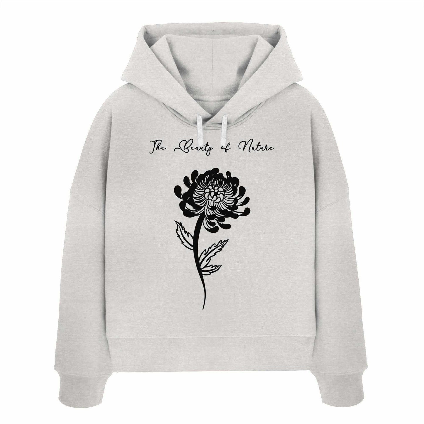 Vegan und Bio Crop Hoodie mit Chrysanthemen-Design, aus 100% Bio-Baumwolle, betont Naturschutz. Regular Fit, doppellagige Kapuze, flache Kordel.