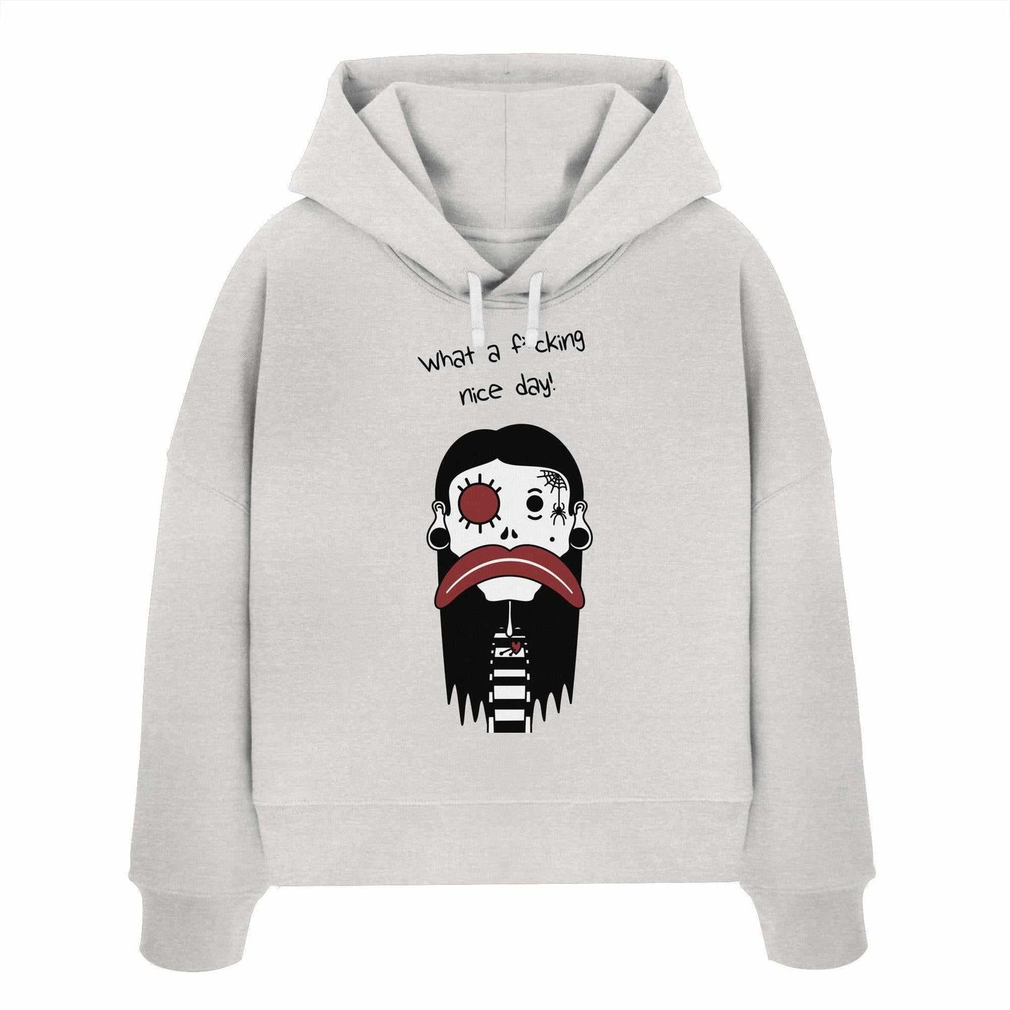 Vegan und Bio Crop Hoodie: Mental health – Bad Day, grauer Hoodie mit Cartoon-Charakter, doppellagige Kapuze, flache Kordel, aus 100% Bio-Baumwolle.