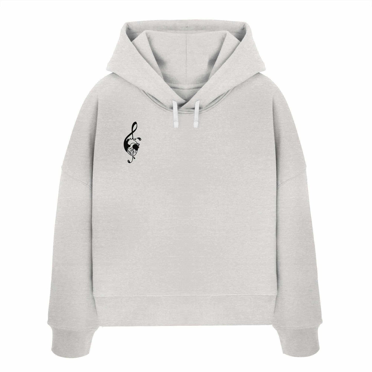 Vegan und Bio Crop Hoodie: Music Heart mit schwarzem Notenschlüssel-Design auf weißem Hintergrund, aus 100% Bio-Baumwolle, symbolisiert musikalische Harmonie und nachhaltigen Stil.