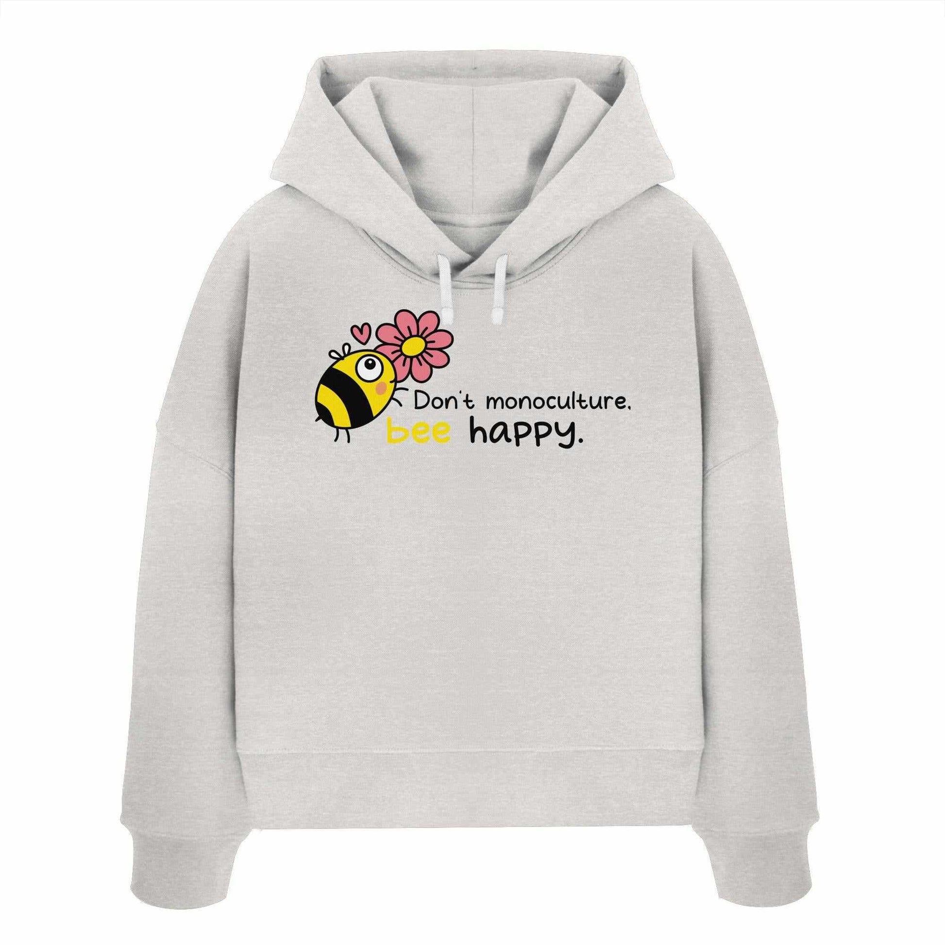 Vegan und Bio Crop Hoodie mit Bienen- und Blumenmotiv, aus 100% Bio-Baumwolle, von RUDE REBEL. Rebellisches Design für Naturschutz und Artenvielfalt.