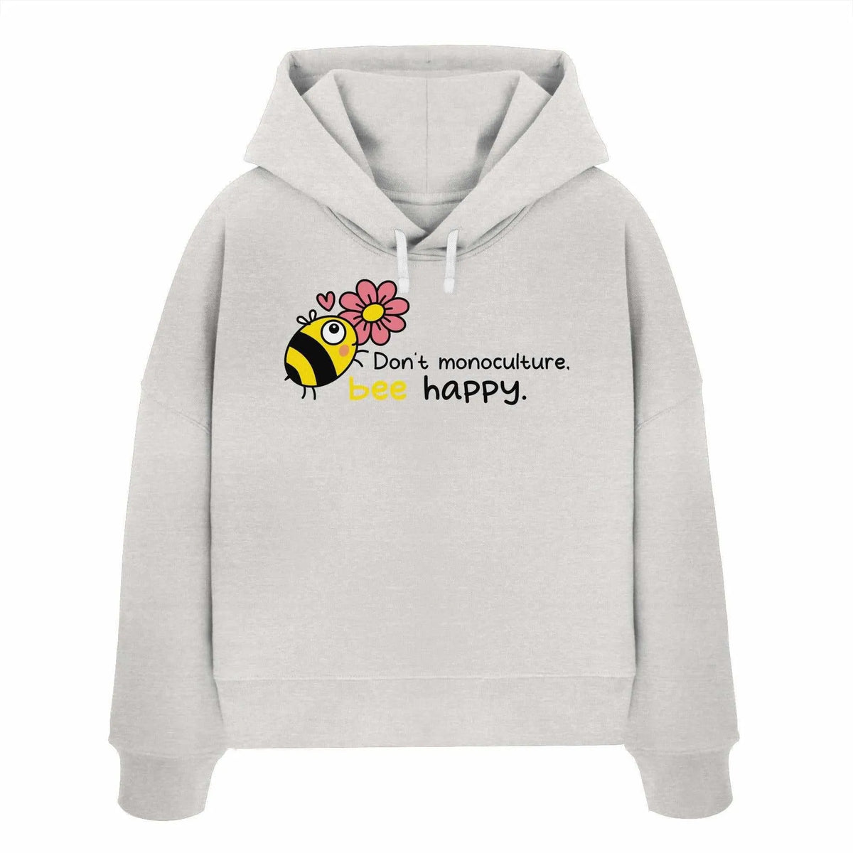 Grauer Crop-Hoodie mit Kapuze, Kordelzug und Bienen-Print auf der Vorderseite