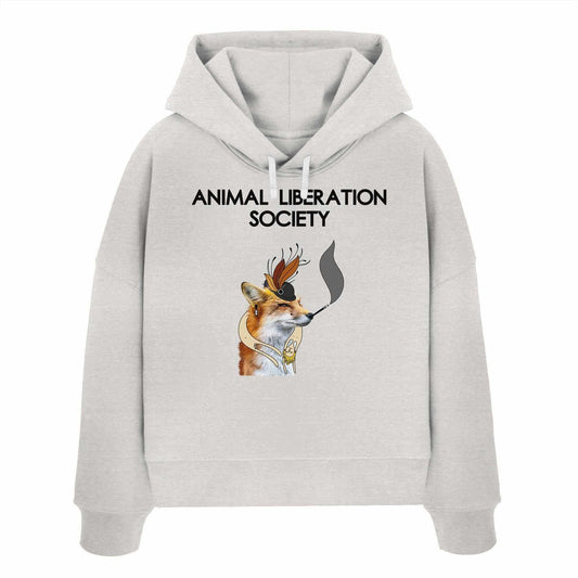 Vegan und Bio Crop Hoodie: Mrs. Fox - Animal Liberation Society, weiß mit Fuchs-Design, doppellagige Kapuze, Bio-Baumwolle, thematisiert Tierrechte.