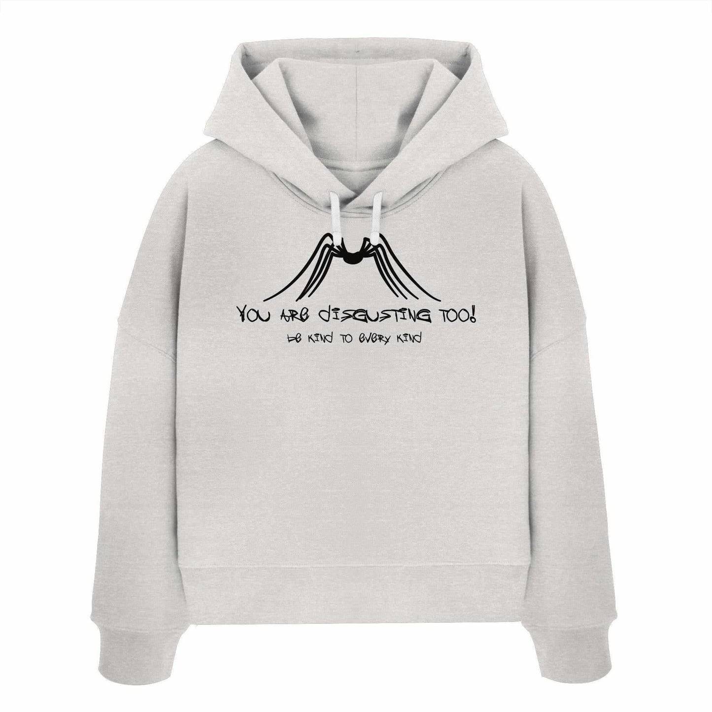 Vegan und Bio Crop Hoodie mit Spinnenmotiv und Text Protect Insects. Hergestellt aus 100% Bio-Baumwolle, reguläre Passform, doppellagige Kapuze.