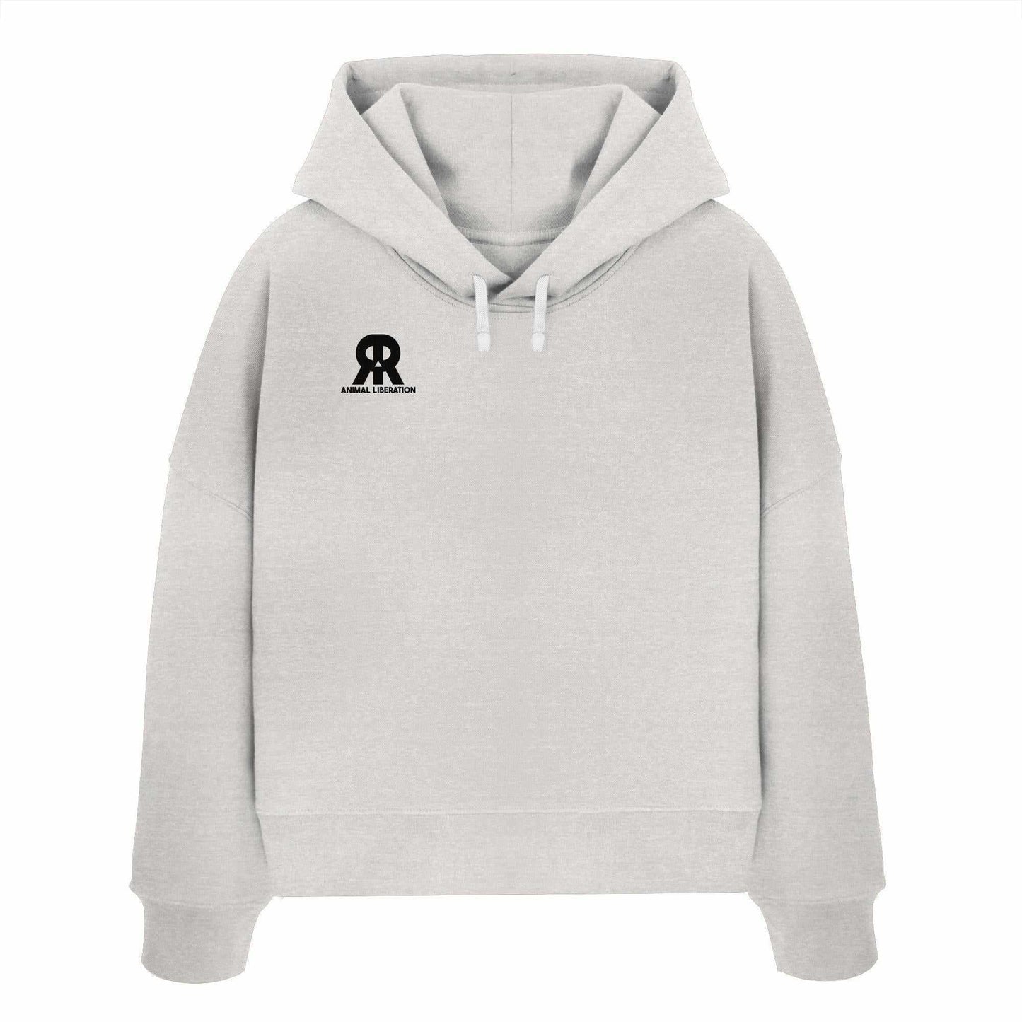 Vegan und Bio Crop Hoodie mit Totenkopf-Logo, doppellagiger Kapuze und flachen Kordeln. Rebellisches Design von RUDE REBEL. 100% Bio-Baumwolle.