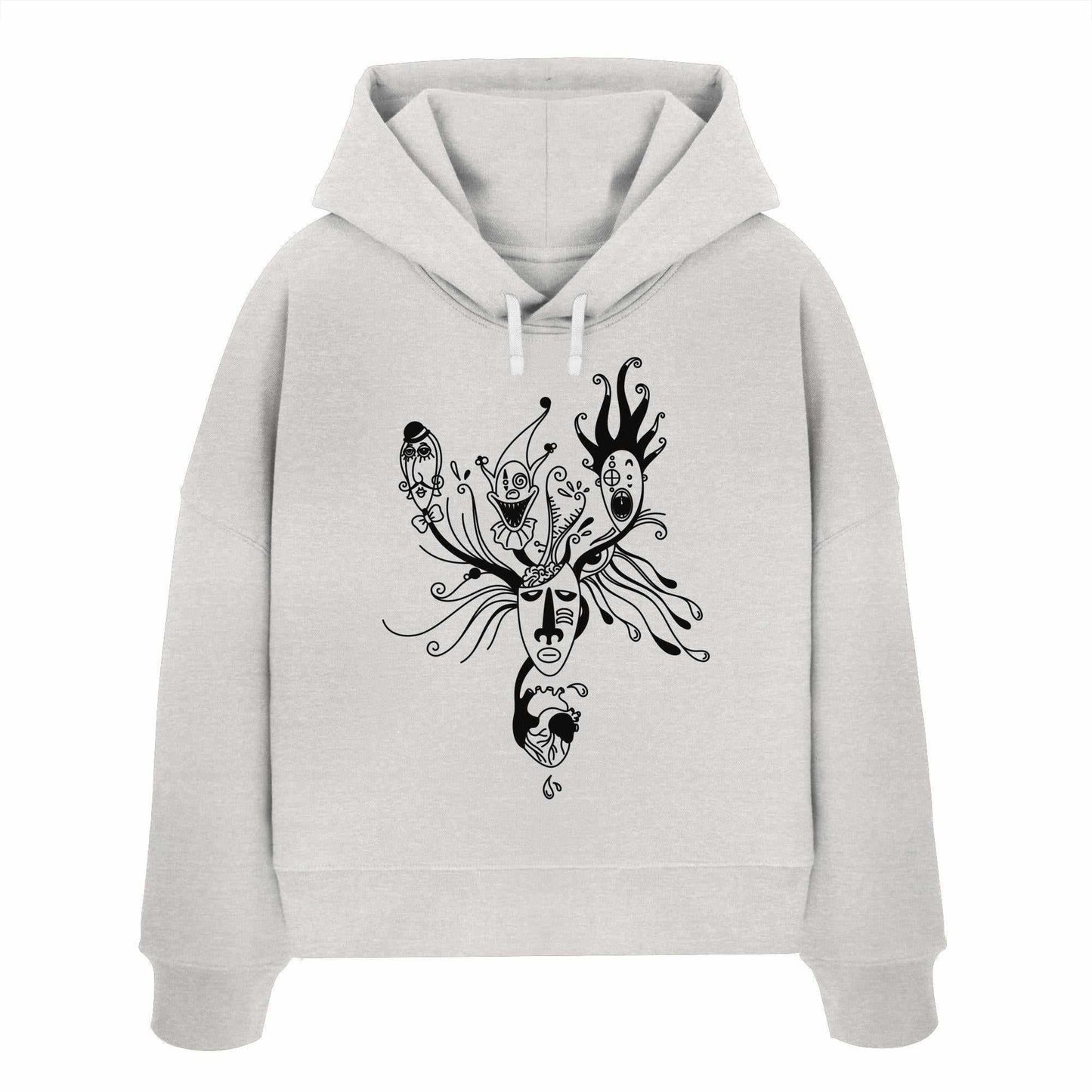 Vegan und Bio Crop Hoodie mit Mental Health - Behind the Mask-Design, zeigt eine facettenreiche Gesichtsillustration, inspiriert von psychologischen Themen.